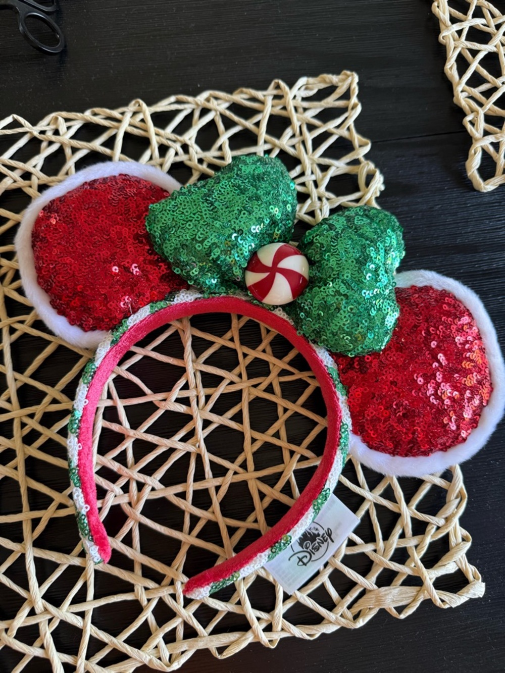 Disney Sequin Minnie Ears Headband in Red & Green with Candy Bow
